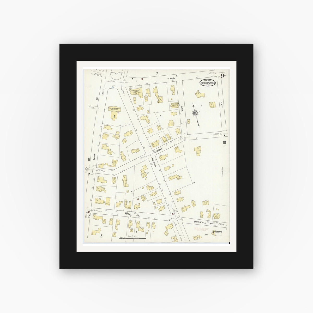 Old map wall art mockup — black gallery frame with white mat — Sanborn Fire Insurance Map from Bridgewater, Plymouth County, Massachusetts (1912), Sheet #0009