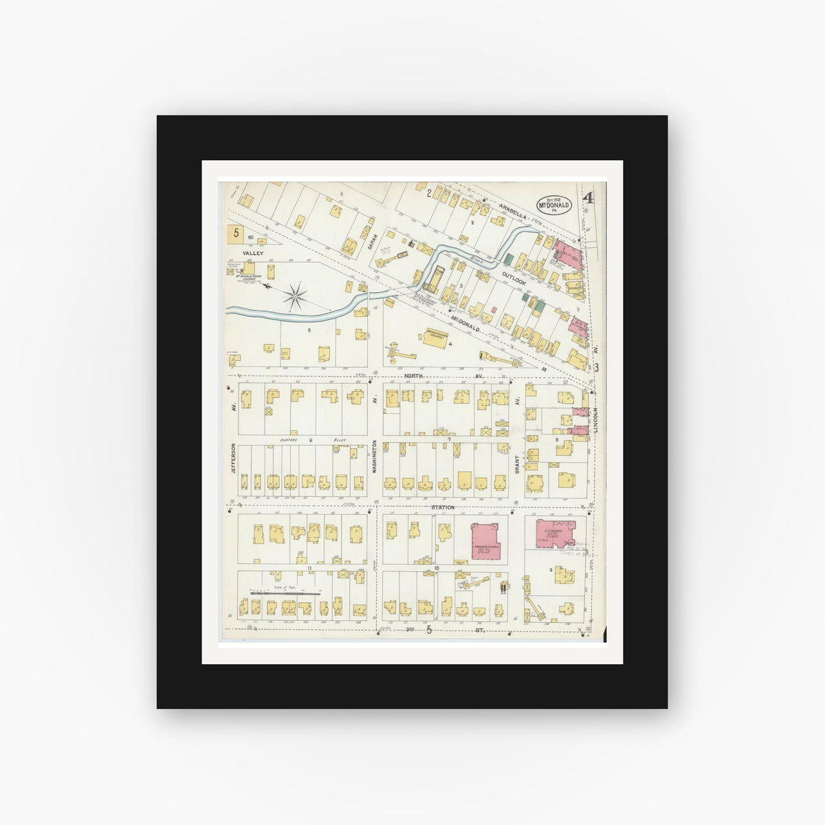 Old map wall art mockup — black gallery frame with white mat — Sanborn Fire Insurance Map from McDonald, Washington County, Pennsylvania (1902), Sheet #0004