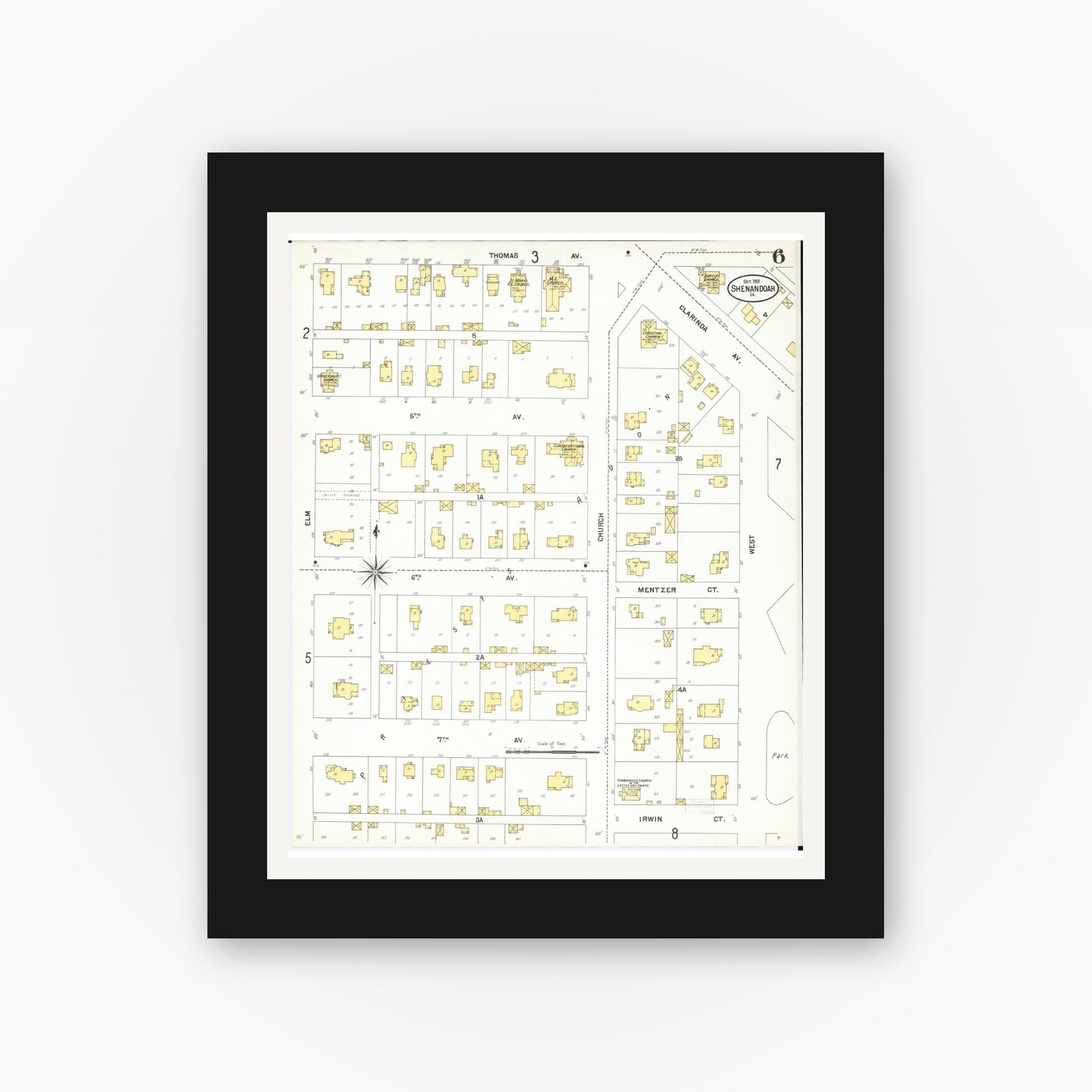 Old map wall art mockup — black gallery frame with white mat — Sanborn Fire Insurance Map from Shenandoah, Page County, Iowa (1901), Sheet #0006