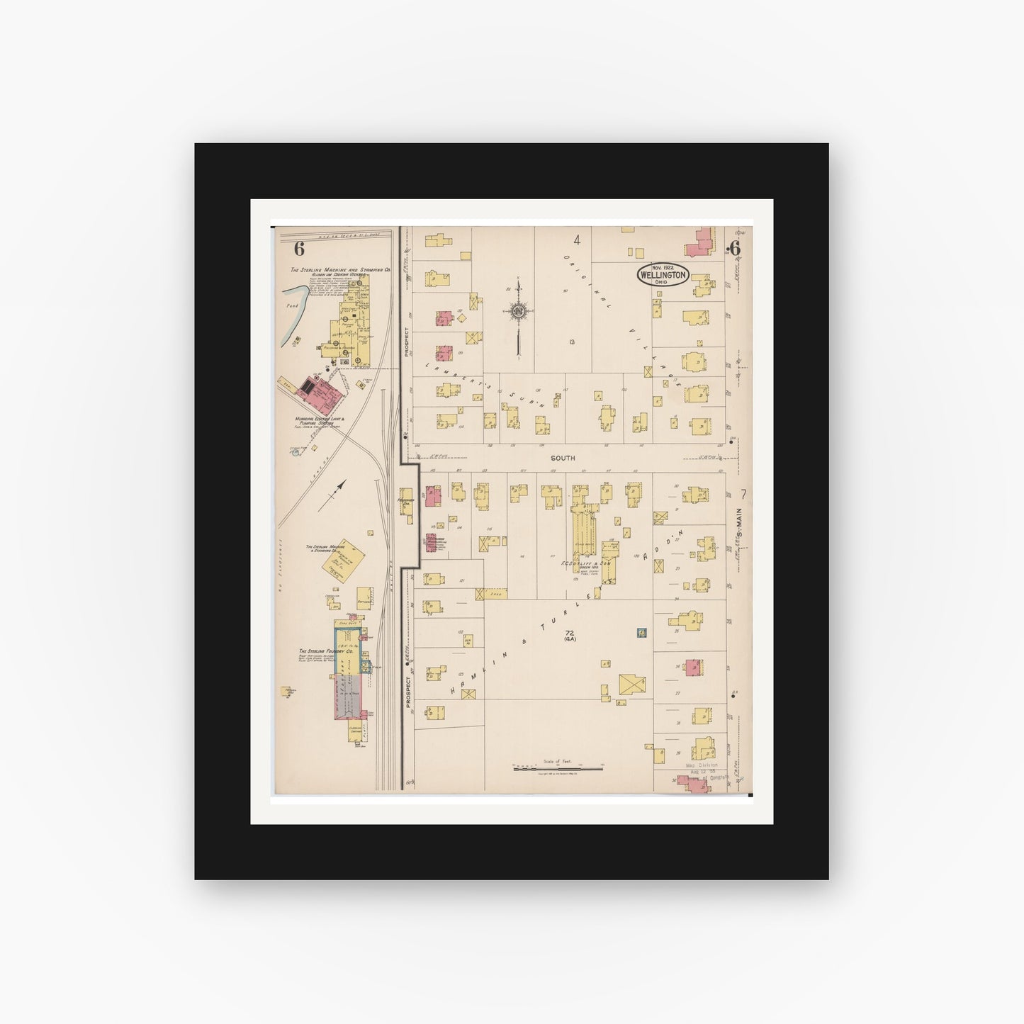 Old map wall art mockup — black gallery frame with white mat — Sanborn Fire Insurance Map from Wellington, Lorain County, Ohio (1922), Sheet #0006