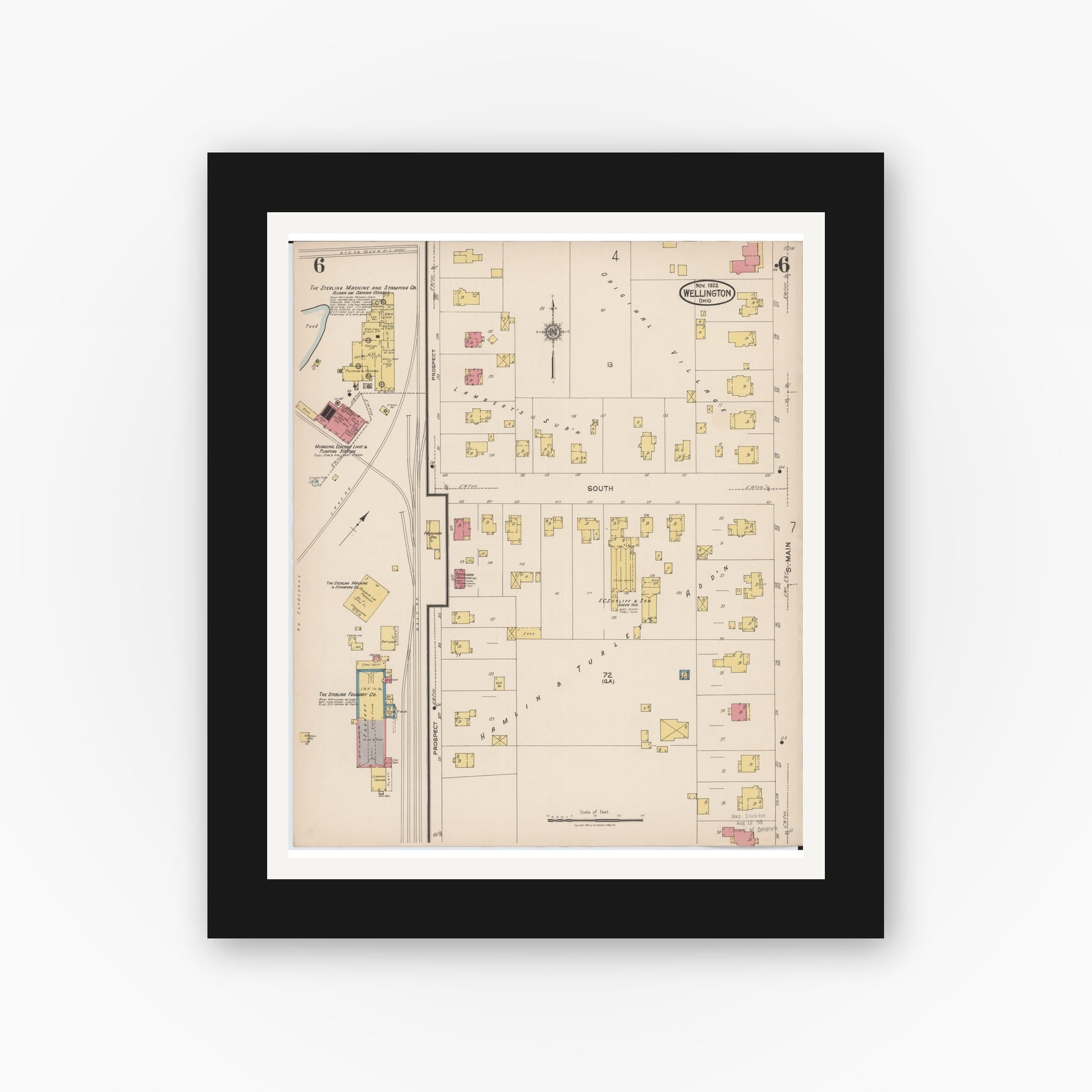 Old map wall art mockup — black gallery frame with white mat — Sanborn Fire Insurance Map from Wellington, Lorain County, Ohio (1922), Sheet #0006