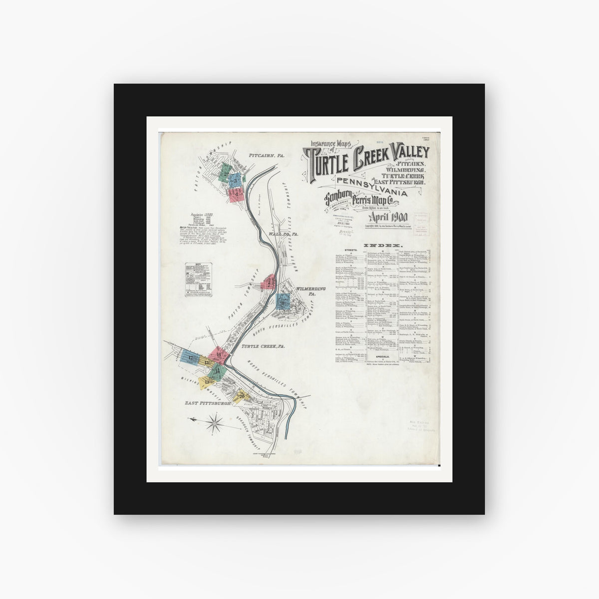 Old map wall art mockup — black gallery frame with white mat — Sanborn Fire Insurance Map from Turtle Creek Valley, Allegheny County, Pennsylvania (1900) - Complete Map Set