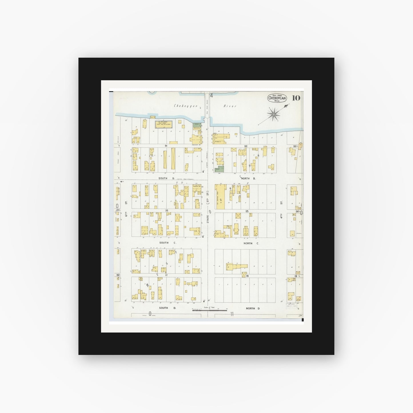 Old map wall art mockup — black gallery frame with white mat — Sanborn Fire Insurance Map from Cheboygan, Cheboygan County, Michigan (1900), Sheet #0010