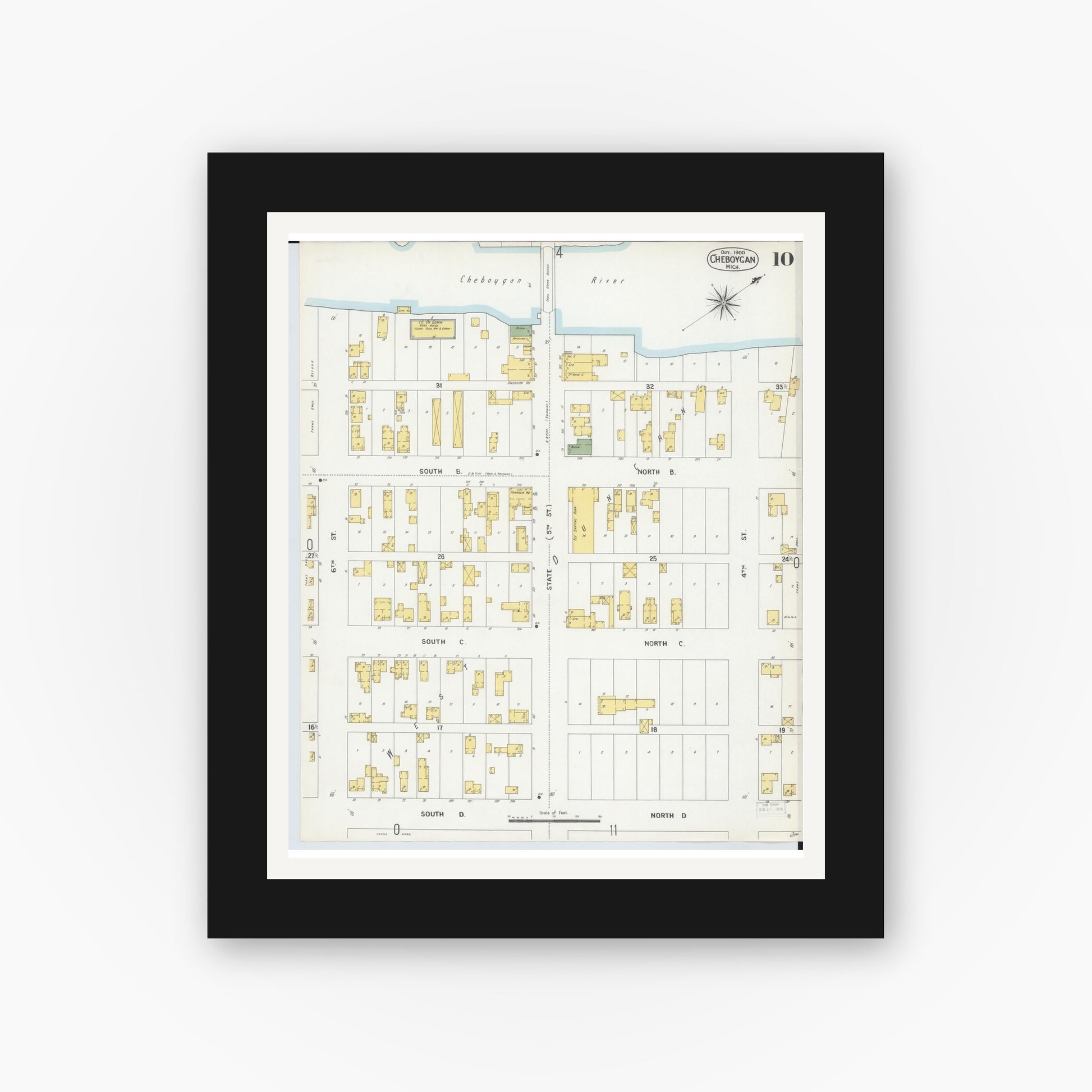 Old map wall art mockup — black gallery frame with white mat — Sanborn Fire Insurance Map from Cheboygan, Cheboygan County, Michigan (1900), Sheet #0010