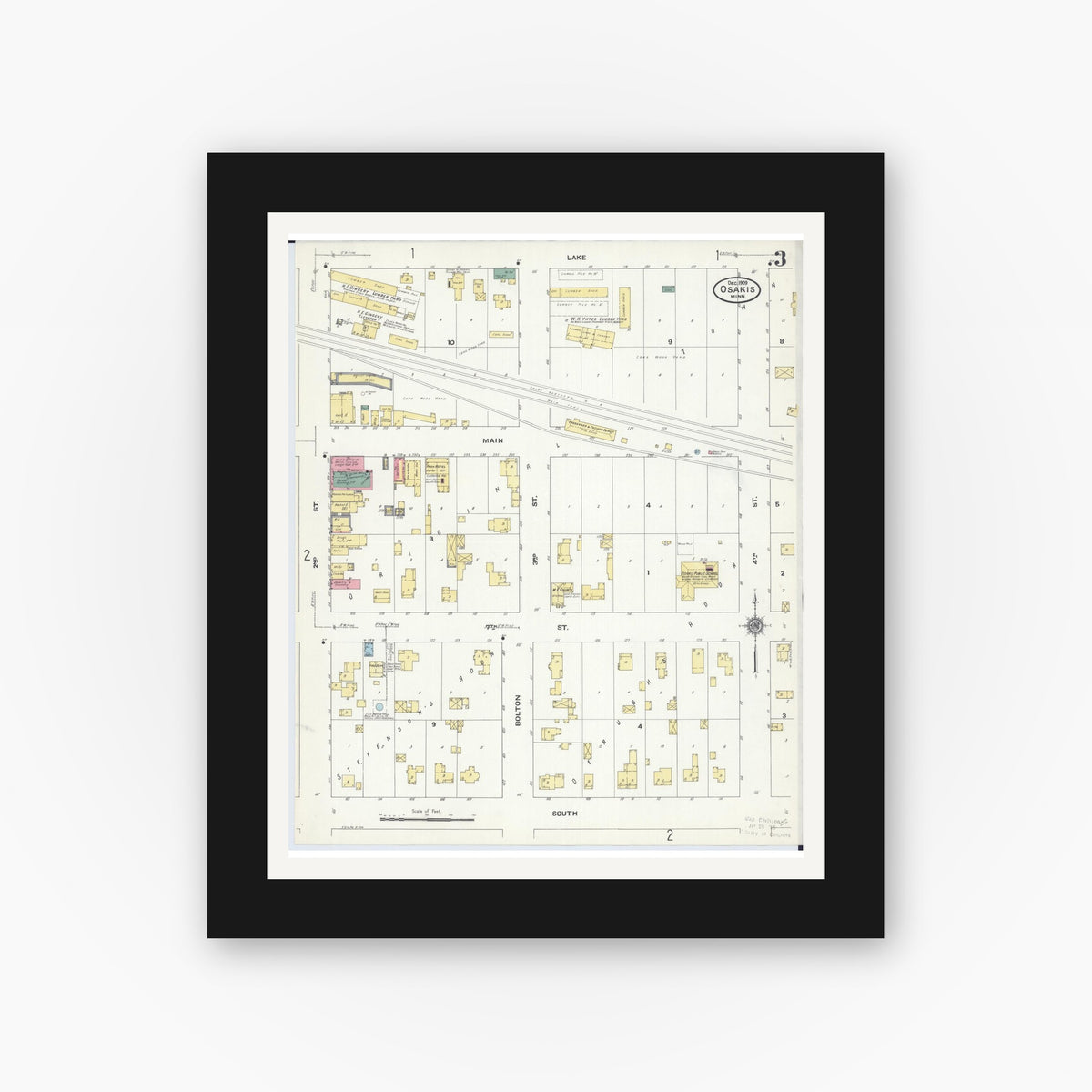 Old map wall art mockup — black gallery frame with white mat — Sanborn Fire Insurance Map from Osakis, Douglas and Todd Counties, Minnesota (1909), Sheet #0003