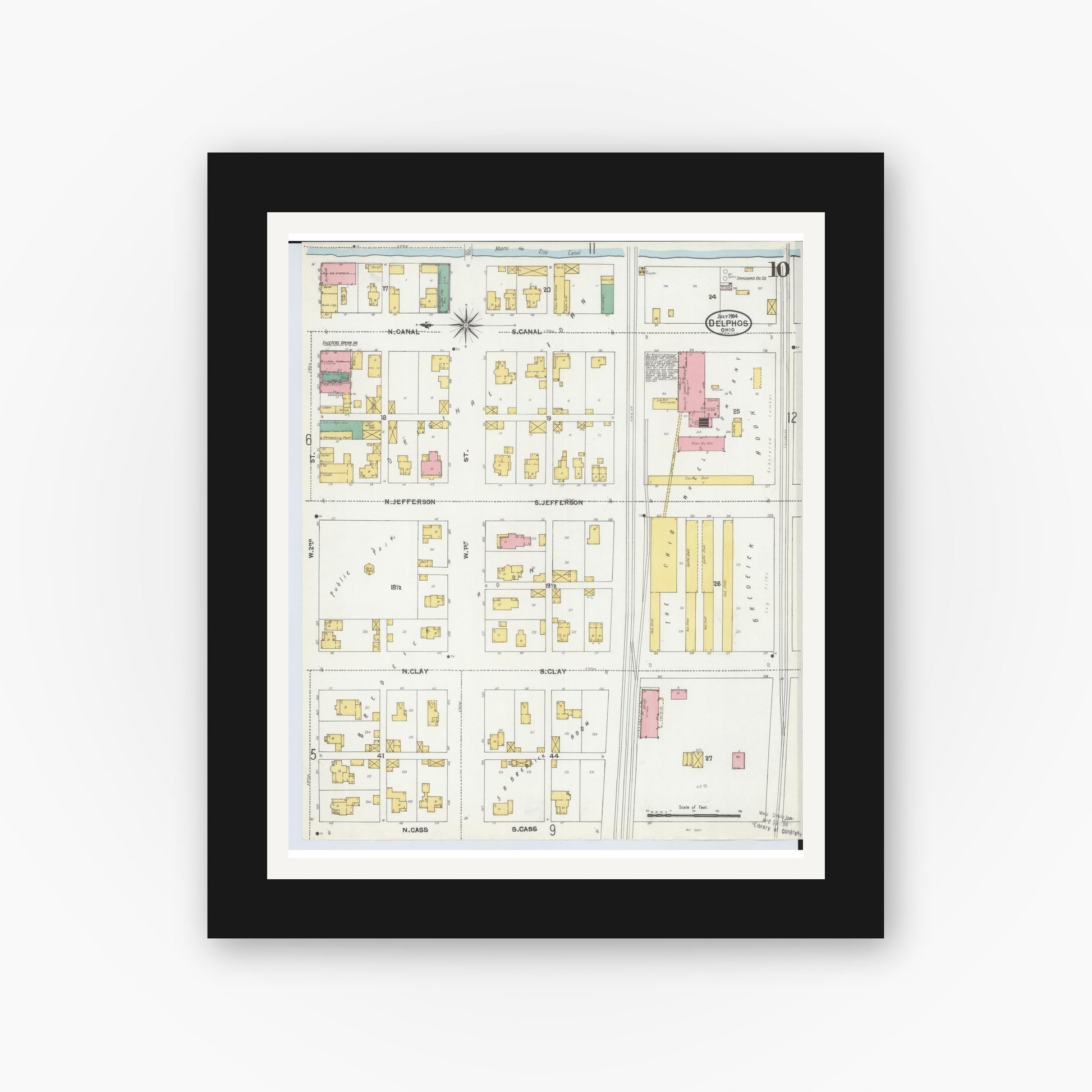 Old map wall art mockup — black gallery frame with white mat — Sanborn Fire Insurance Map from Delphos, Van Wert And Allen Counties, Ohio (1904), Sheet #0010