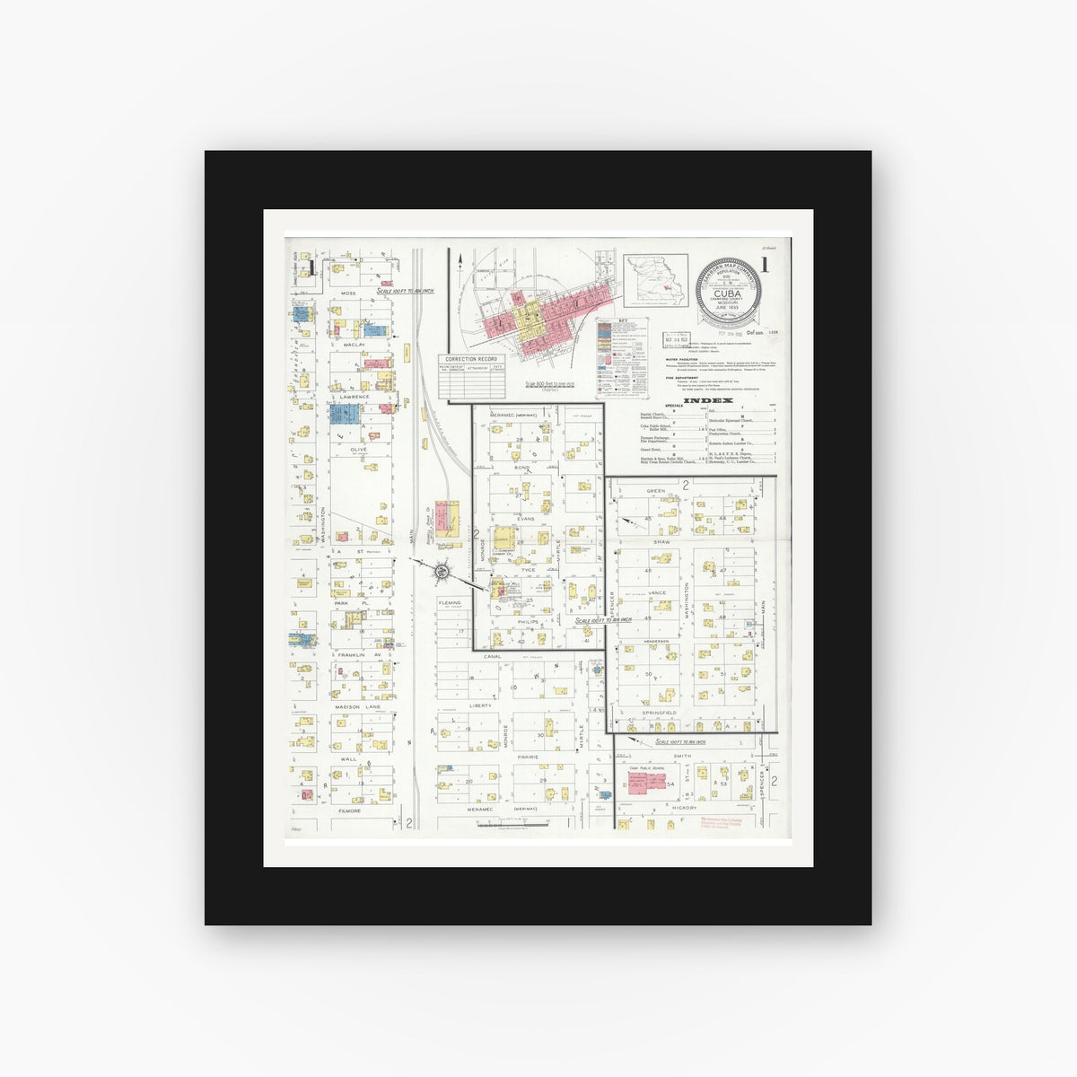 Old map wall art mockup — black gallery frame with white mat — Sanborn Fire Insurance Map from Cuba, Crawford County, Missouri (1933) - Complete Map Set