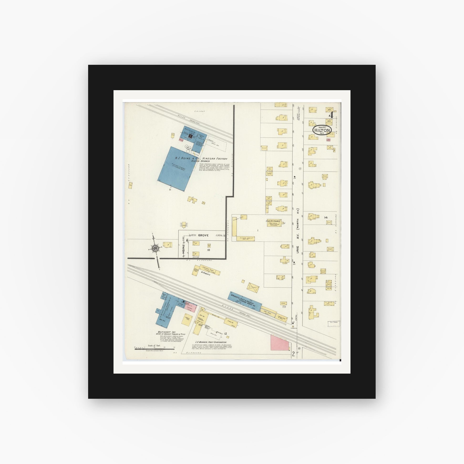 Old map wall art mockup — black gallery frame with white mat — Sanborn Fire Insurance Map from Hilton, Monroe County, New York (1917), Sheet #0004