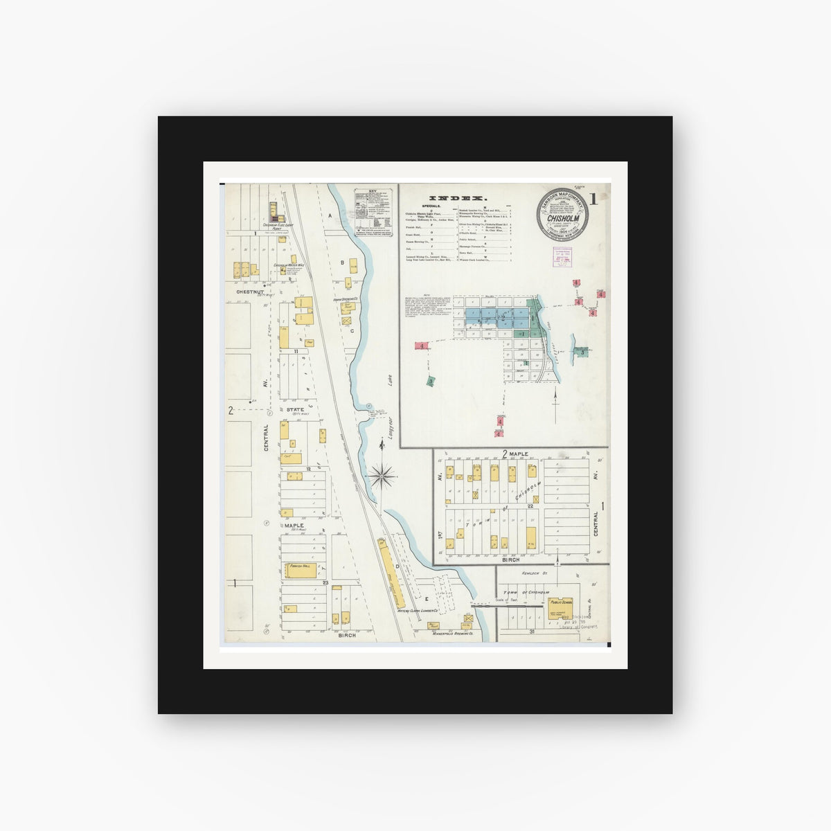 Old map wall art mockup — black gallery frame with white mat — Sanborn Fire Insurance Map from Chisholm, Saint Louis County, Minnesota (1904) - Complete Map Set