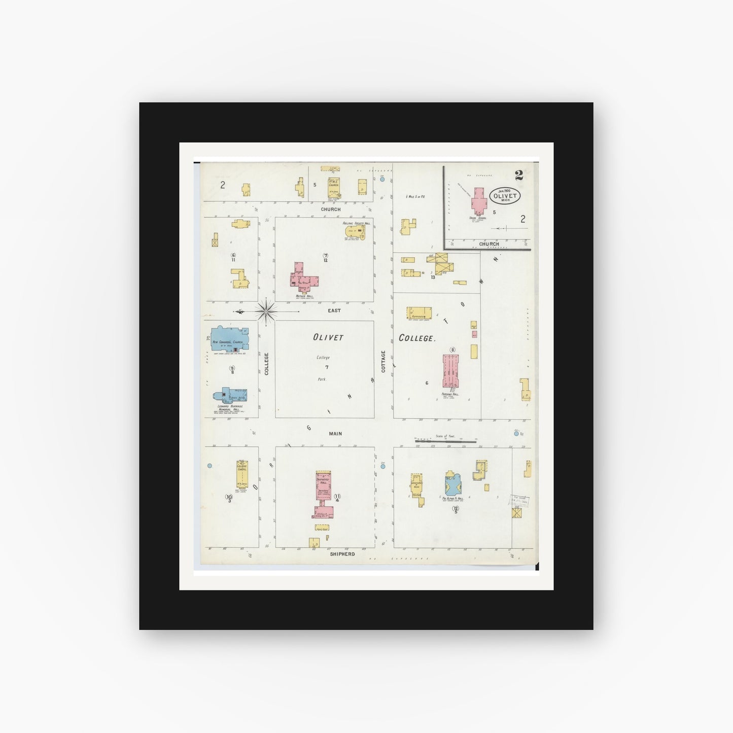 Old map wall art mockup — black gallery frame with white mat — Sanborn Fire Insurance Map from Olivet, Eaton County, Michigan (1900), Sheet #0002