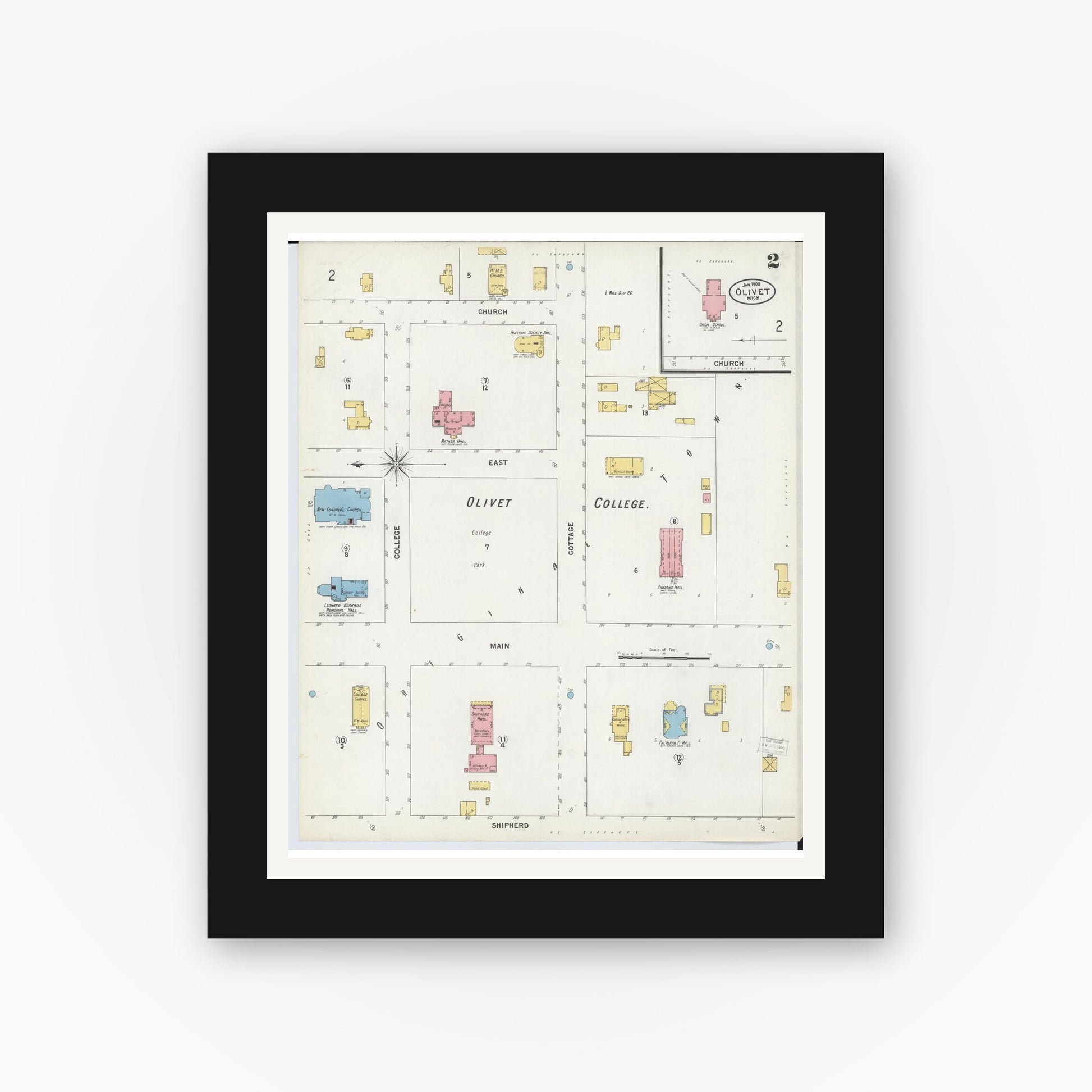 Old map wall art mockup — black gallery frame with white mat — Sanborn Fire Insurance Map from Olivet, Eaton County, Michigan (1900), Sheet #0002