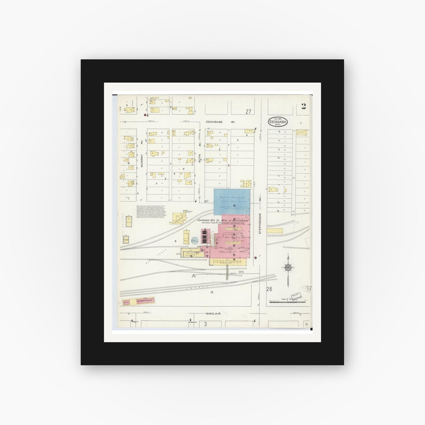 Old map wall art mockup — black gallery frame with white mat — Sanborn Fire Insurance Map from Escanaba, Delta County, Michigan (1913), Sheet #0002