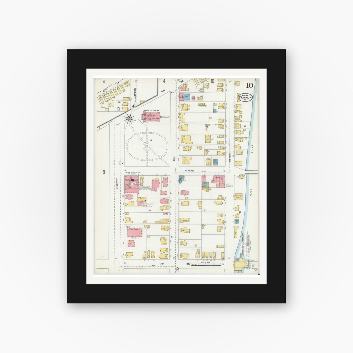 Old map wall art mockup — black gallery frame with white mat — Sanborn Fire Insurance Map from Franklin, Venango County, Pennsylvania (1906), Sheet #0010