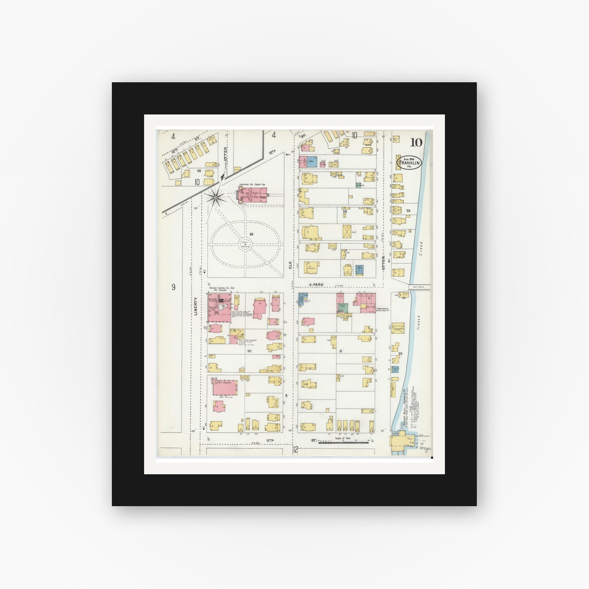 Old map wall art mockup — black gallery frame with white mat — Sanborn Fire Insurance Map from Franklin, Venango County, Pennsylvania (1906), Sheet #0010