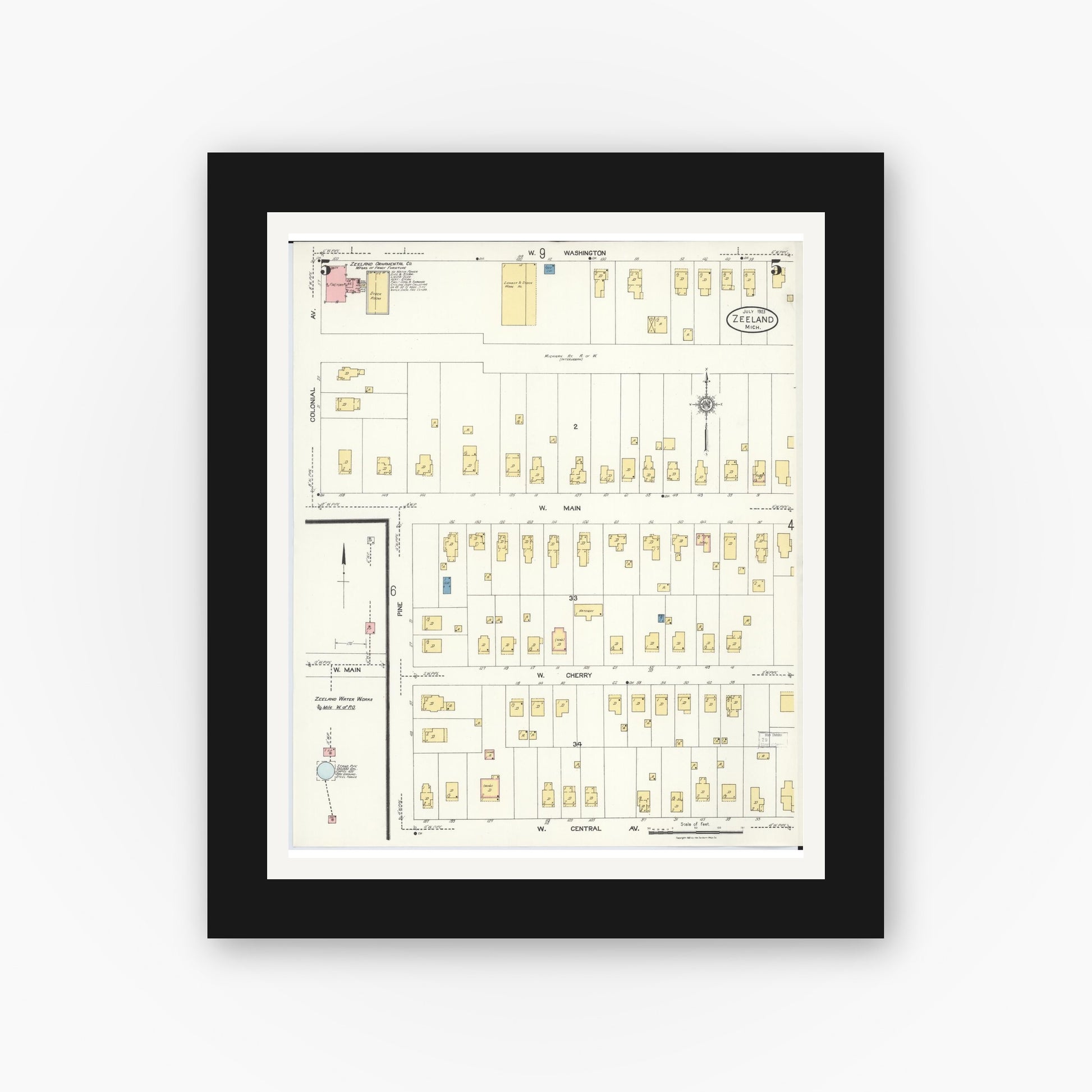 Old map wall art mockup — black gallery frame with white mat — Sanborn Fire Insurance Map from Zeeland, Ottawa County, Michigan (1923), Sheet #0005