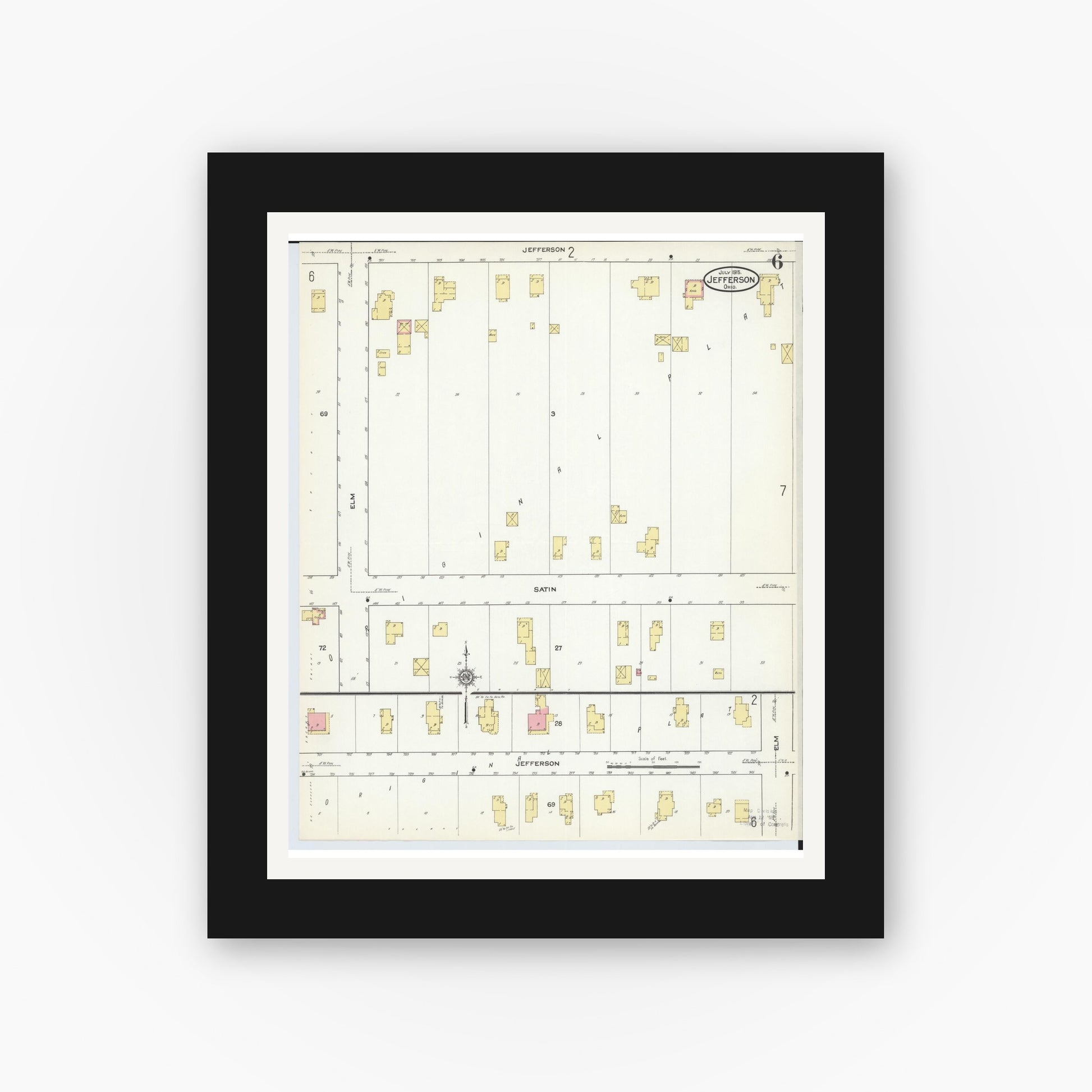 Old map wall art mockup — black gallery frame with white mat — Sanborn Fire Insurance Map from Jefferson, Ashtabula County, Ohio (1915), Sheet #0006