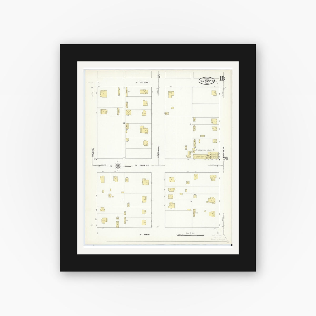 Old map wall art mockup — black gallery frame with white mat — Sanborn Fire Insurance Map from San Angelo, Tom Green County, Texas (1913), Sheet #0018