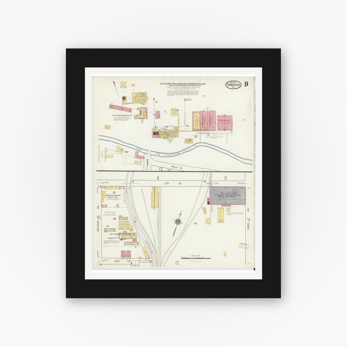 Old map wall art mockup — black gallery frame with white mat — Sanborn Fire Insurance Map from Ambridge, Beaver County, Pennsylvania (1917), Sheet #0009