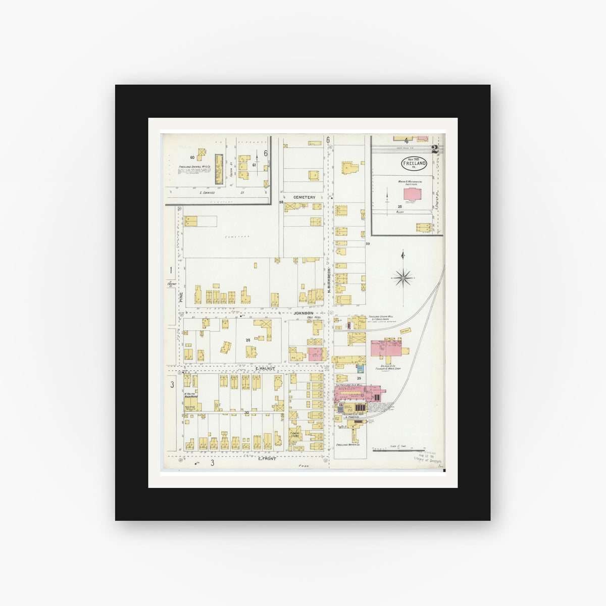 Old map wall art mockup — black gallery frame with white mat — Sanborn Fire Insurance Map from Freeland, Luzerne County, Pennsylvania (1905), Sheet #0002