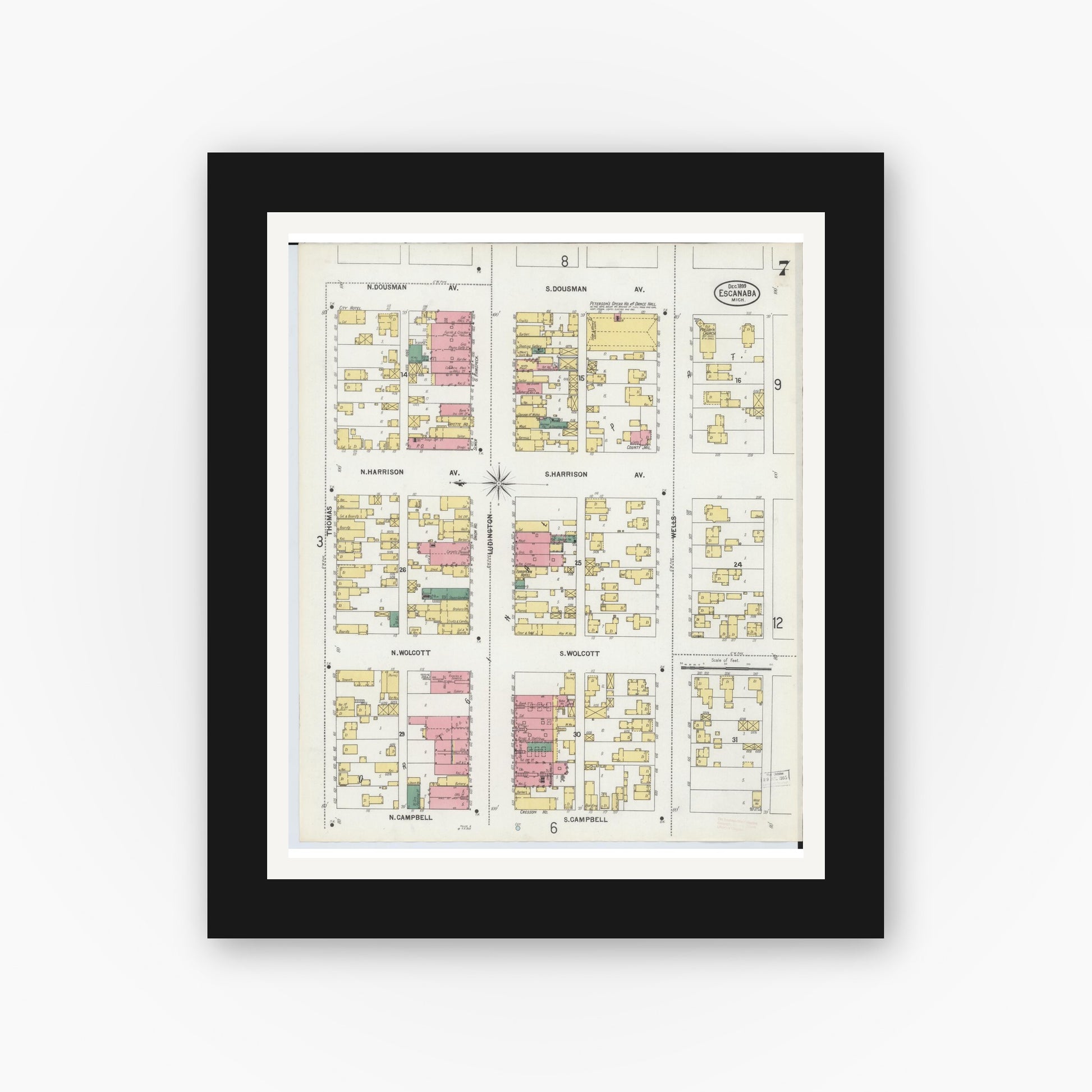 Old map wall art mockup — black gallery frame with white mat — Sanborn Fire Insurance Map from Escanaba, Delta County, Michigan (1899), Sheet #0007