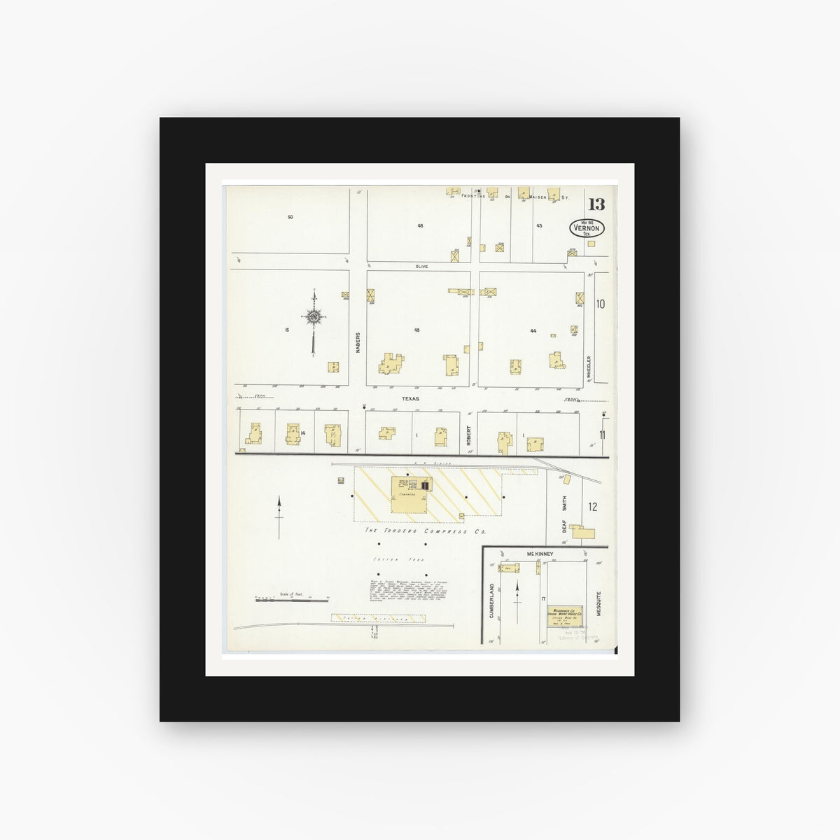 Old map wall art mockup — black gallery frame with white mat — Sanborn Fire Insurance Map from Vernon, Wilbarger County, Texas (1912), Sheet #0013