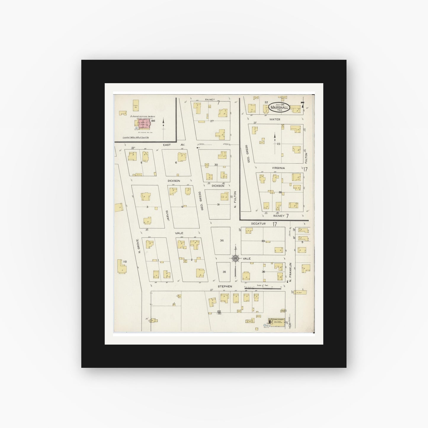 Old map wall art mockup — black gallery frame with white mat — Sanborn Fire Insurance Map from Marshall, Harrison County, Texas (1915), Sheet #0007