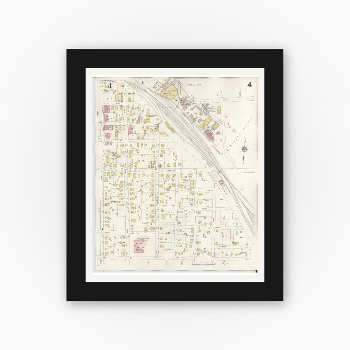 Old map wall art mockup — black gallery frame with white mat — Sanborn Fire Insurance Map from Commerce, Hunt County, Texas (1940), Sheet #0004