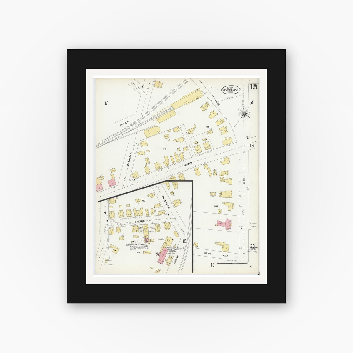 Old map wall art mockup — black gallery frame with white mat — Sanborn Fire Insurance Map from Newburyport, Essex County, Massachusetts (1906), Sheet #0015