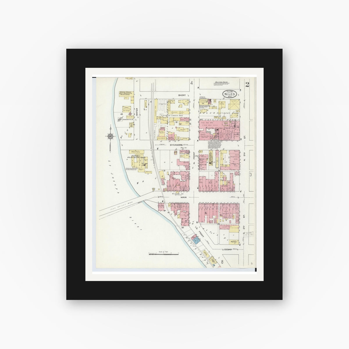 Old map wall art mockup — black gallery frame with white mat — Sanborn Fire Insurance Map from Niles, Berrien County, Michigan (1914), Sheet #0002