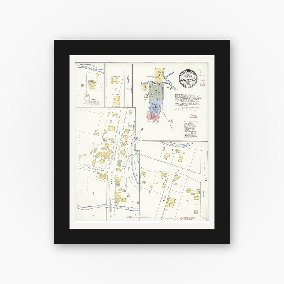 Old map wall art mockup — black gallery frame with white mat — Sanborn Fire Insurance Map from Boulder Creek, Santa Cruz County, California (1908), Sheet #0001