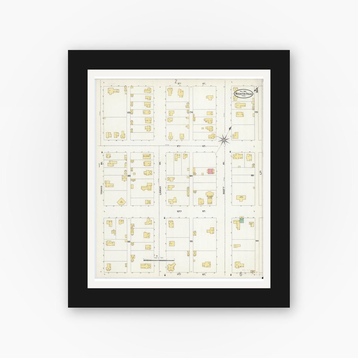 Old map wall art mockup — black gallery frame with white mat — Sanborn Fire Insurance Map from Wichita Falls, Wichita County, Texas (1904), Sheet #0004