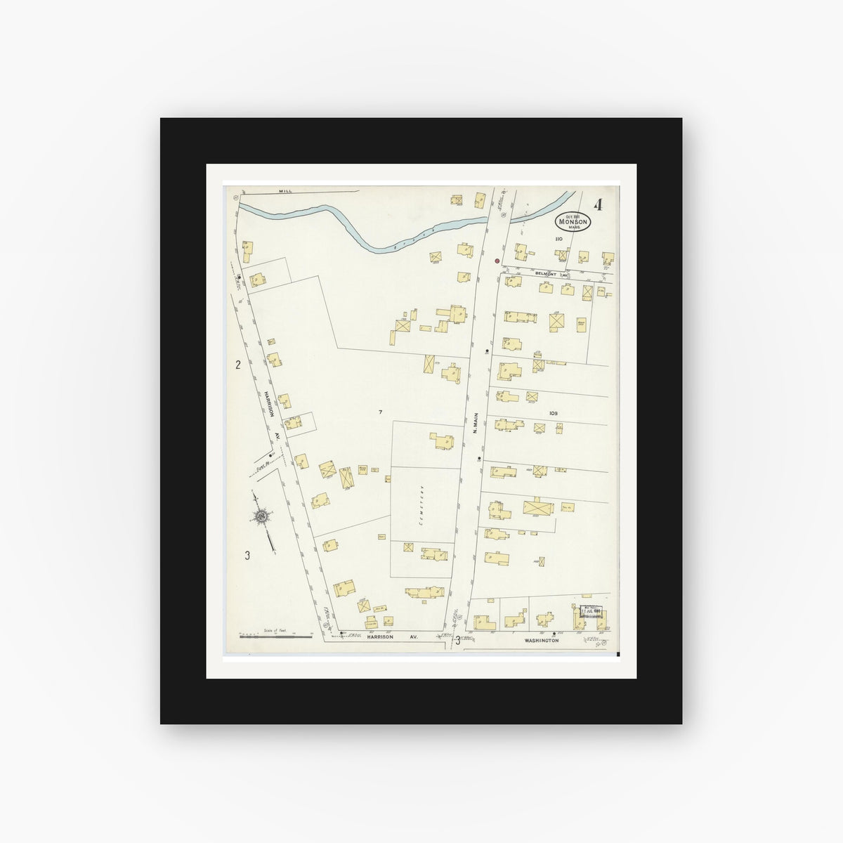 Old map wall art mockup — black gallery frame with white mat — Sanborn Fire Insurance Map from Monson, Hampden County, Massachusetts (1911), Sheet #0004