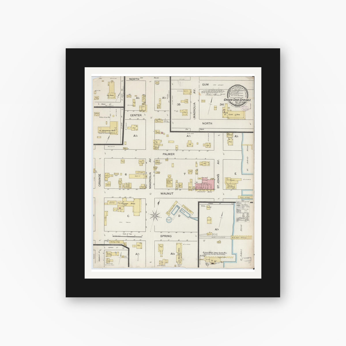 Old map wall art mockup — black gallery frame with white mat — Sanborn Fire Insurance Map from Green Cove Springs, Clay County, Florida (1887), Sheet #0001