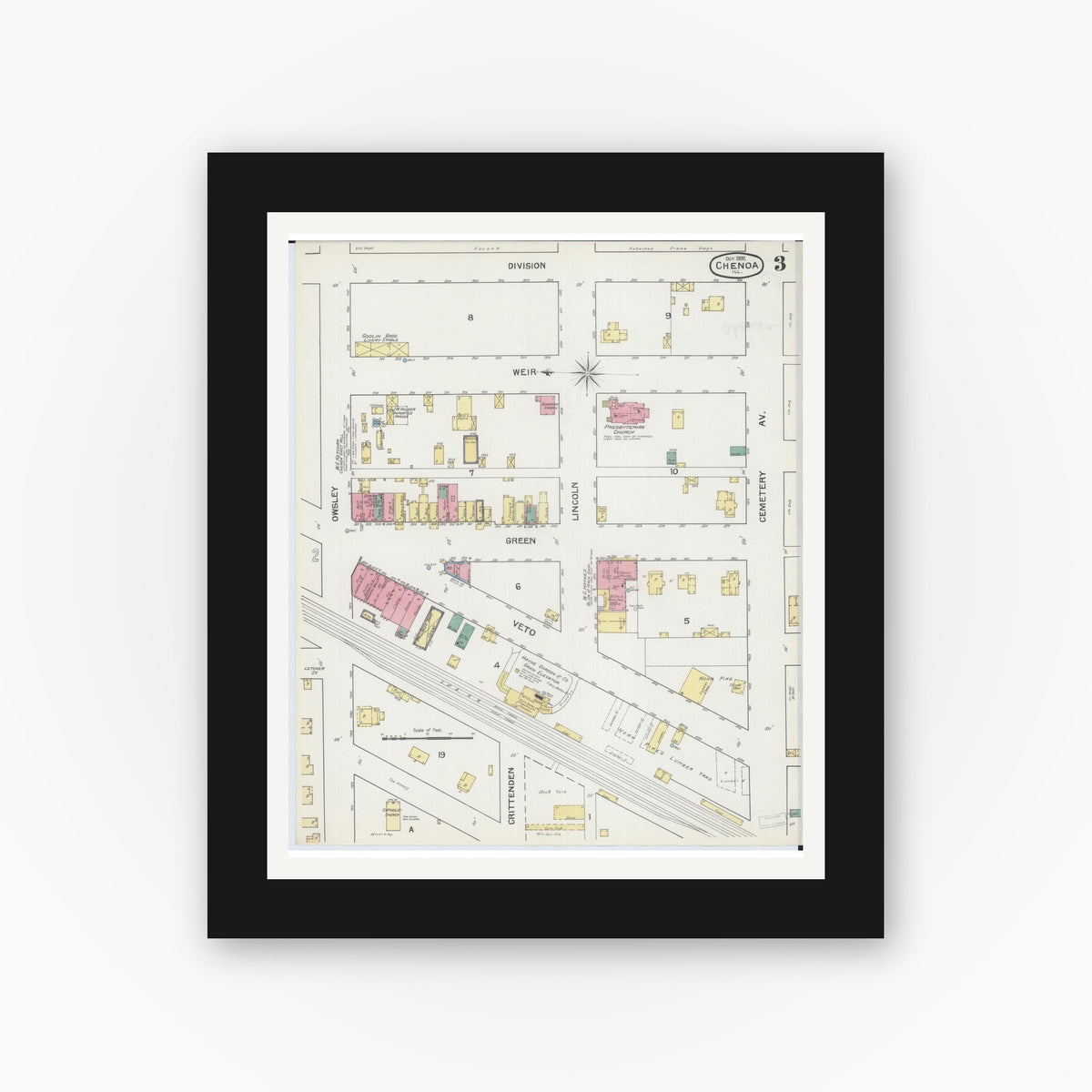 Old map wall art mockup — black gallery frame with white mat — Sanborn Fire Insurance Map from Chenoa, McLean County, Illinois (1892), Sheet #0003