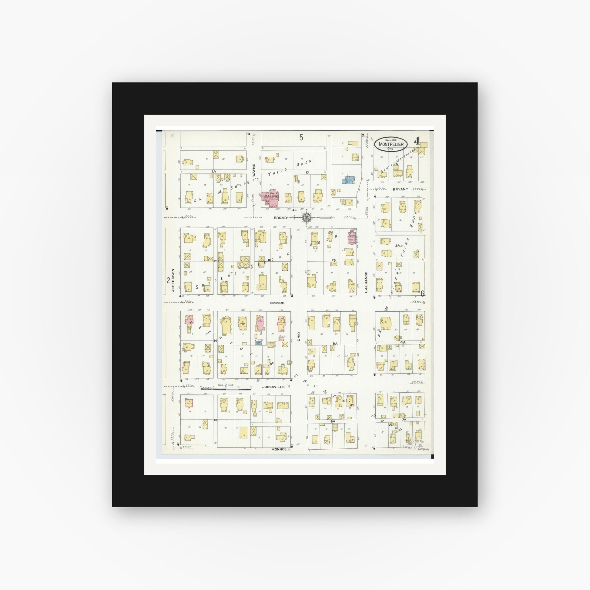 Old map wall art mockup — black gallery frame with white mat — Sanborn Fire Insurance Map from Montpelier, Williams County, Ohio (1910), Sheet #0004