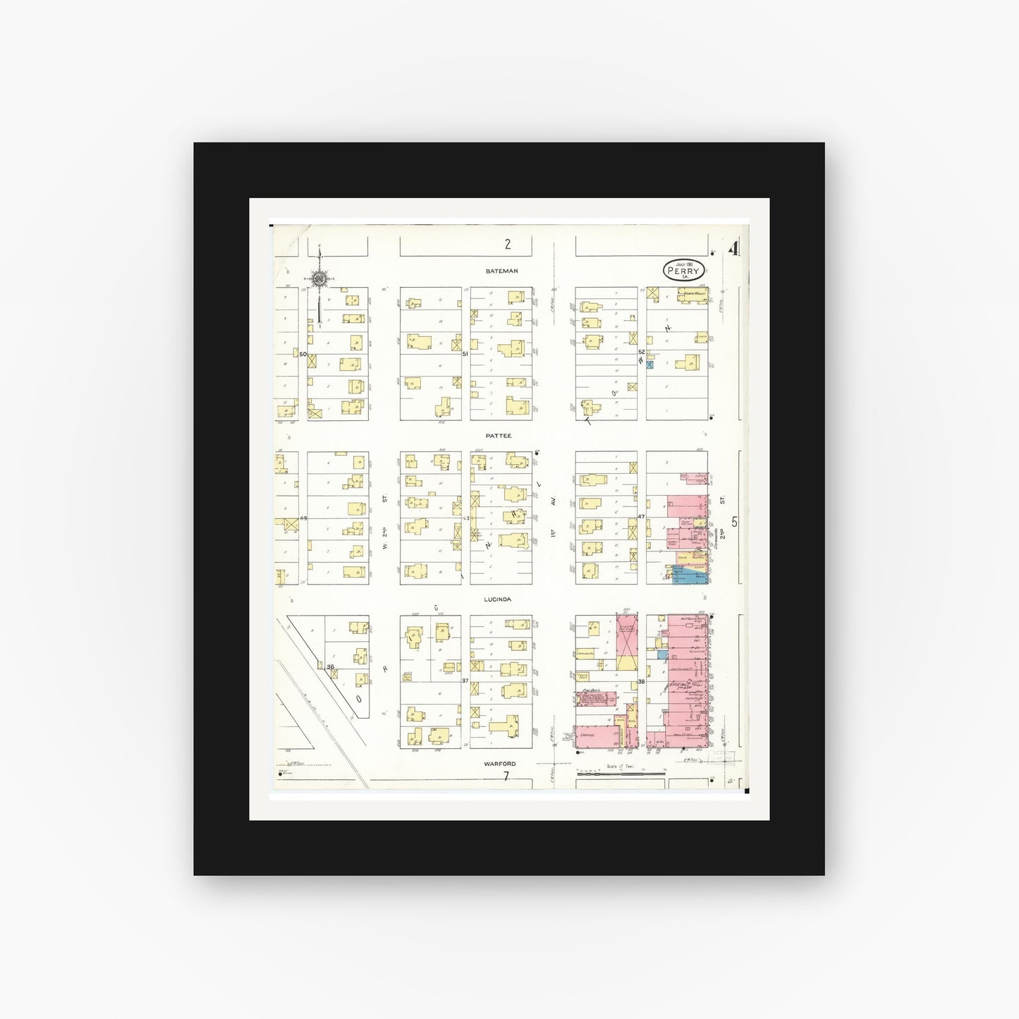 Old map wall art mockup — black gallery frame with white mat — Sanborn Fire Insurance Map from Perry, Dallas County, Iowa (1911), Sheet #0004