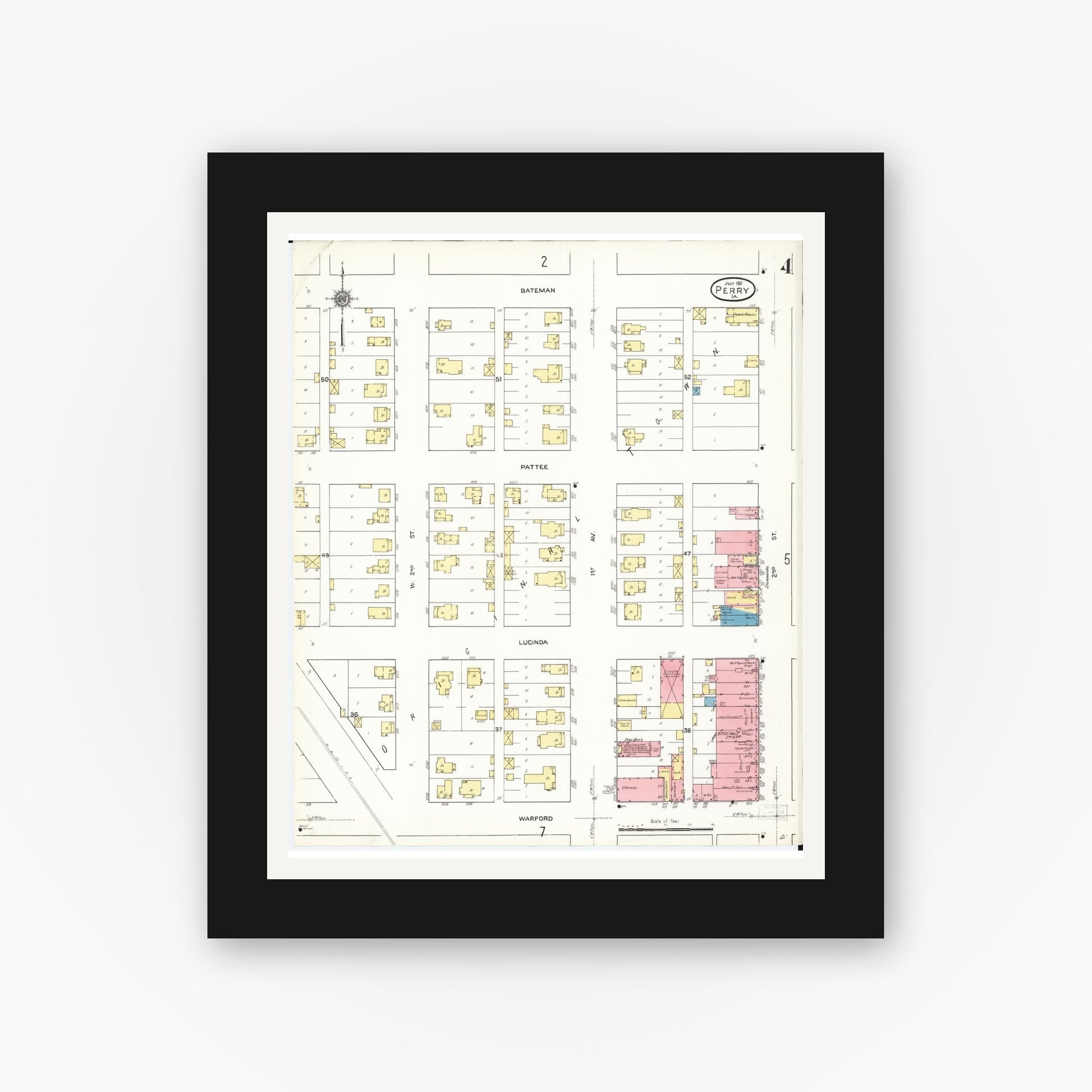 Old map wall art mockup — black gallery frame with white mat — Sanborn Fire Insurance Map from Perry, Dallas County, Iowa (1911), Sheet #0004