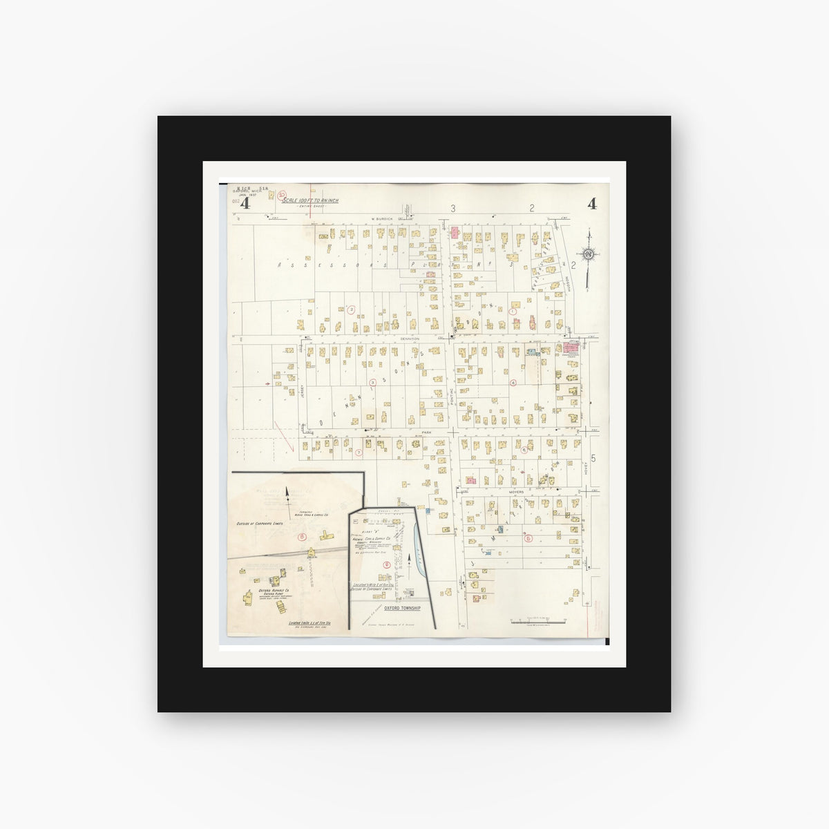 Old map wall art mockup — black gallery frame with white mat — Sanborn Fire Insurance Map from Oxford, Oakland County, Michigan (1945), Sheet #0004