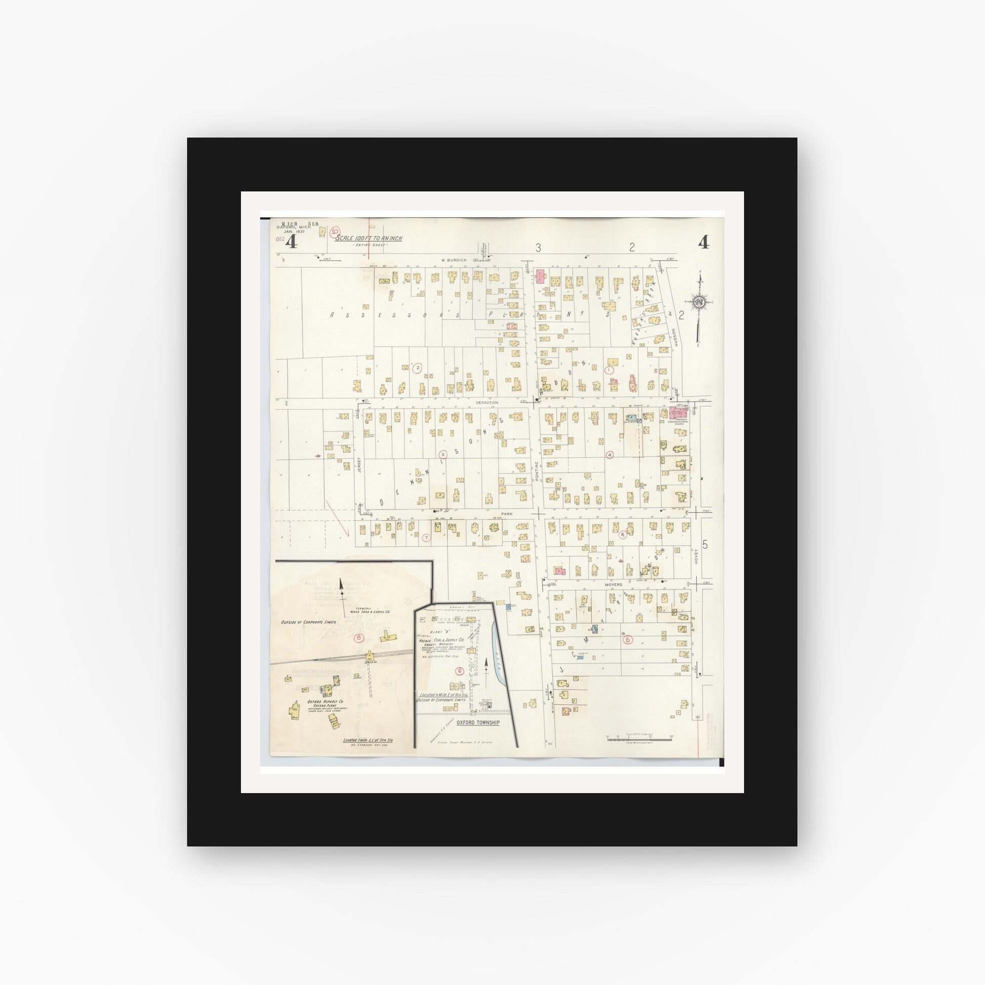 Old map wall art mockup — black gallery frame with white mat — Sanborn Fire Insurance Map from Oxford, Oakland County, Michigan (1945), Sheet #0004