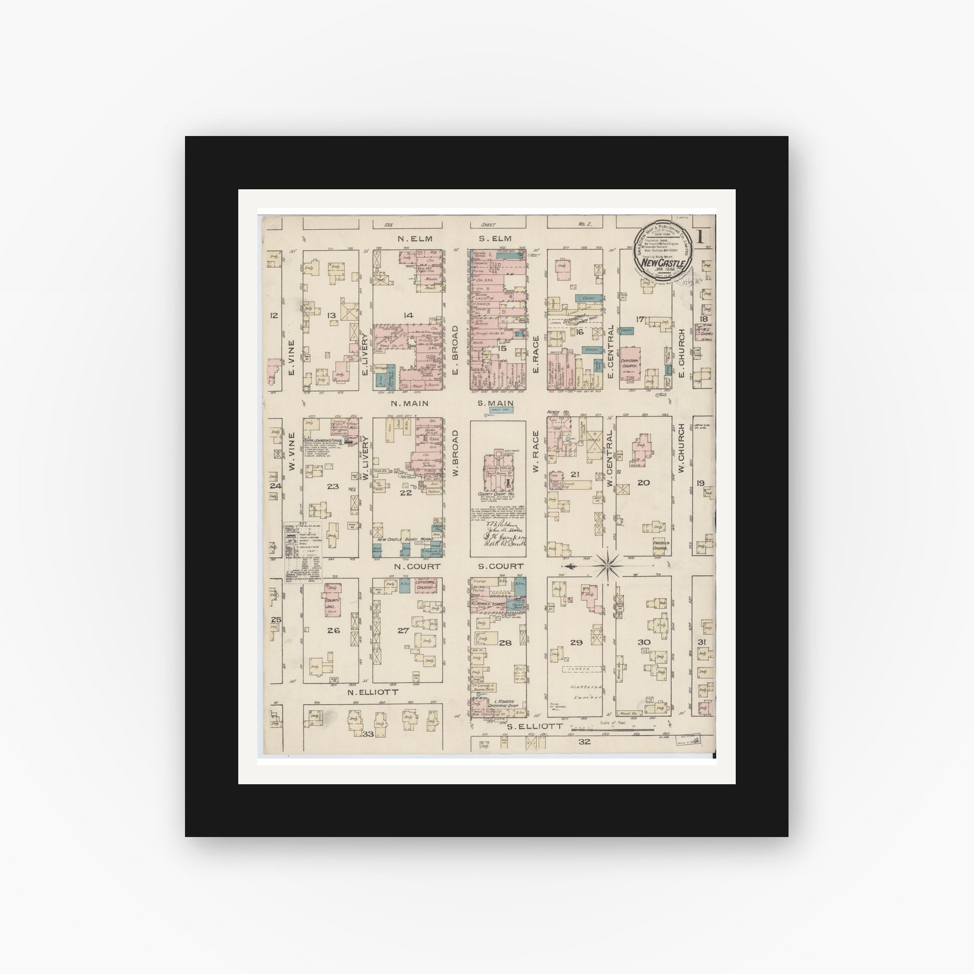 Old map wall art mockup — black gallery frame with white mat — Sanborn Fire Insurance Map from New Castle, Henry County, Indiana (1886) - Complete Map Set