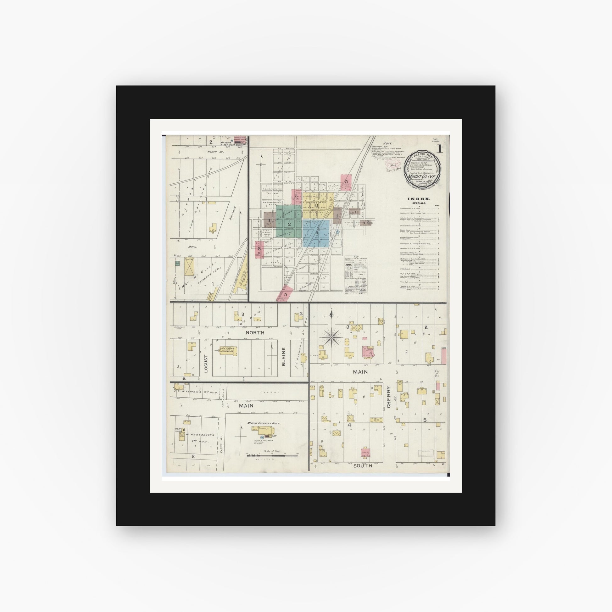 Old map wall art mockup — black gallery frame with white mat — Sanborn Fire Insurance Map from Mount Olive, Macoupin County, Illinois (1894) - Complete Map Set