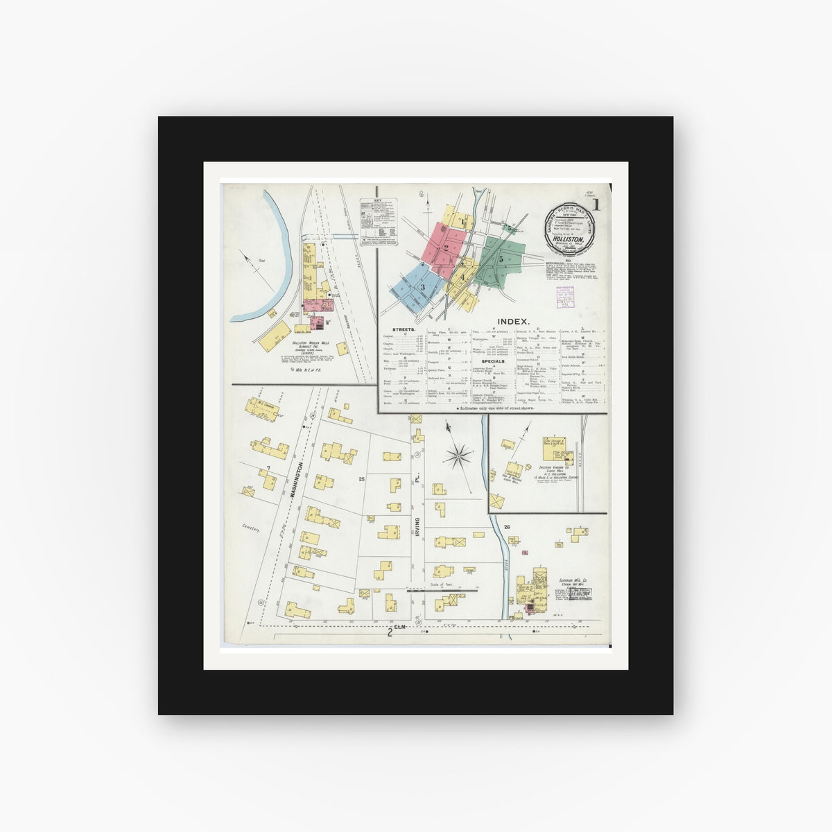 Old map wall art mockup — black gallery frame with white mat — Sanborn Fire Insurance Map from Holliston, Middlesex County, Massachusetts (1901) - Complete Map Set