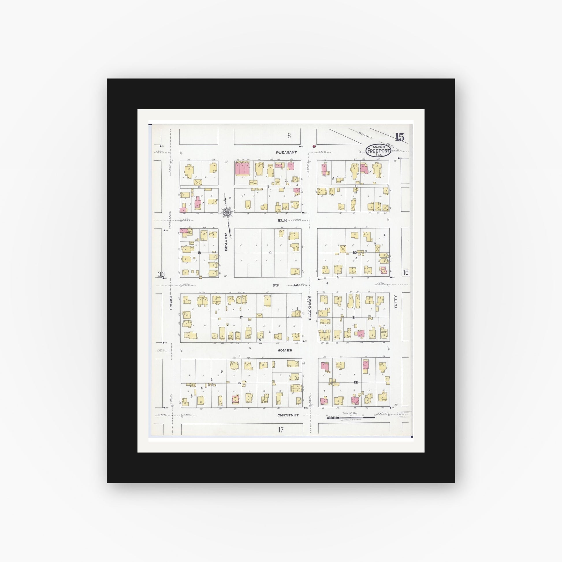 Old map wall art mockup — black gallery frame with white mat — Sanborn Fire Insurance Map from Freeport, Stephenson County, Illinois (1918), Sheet #0015