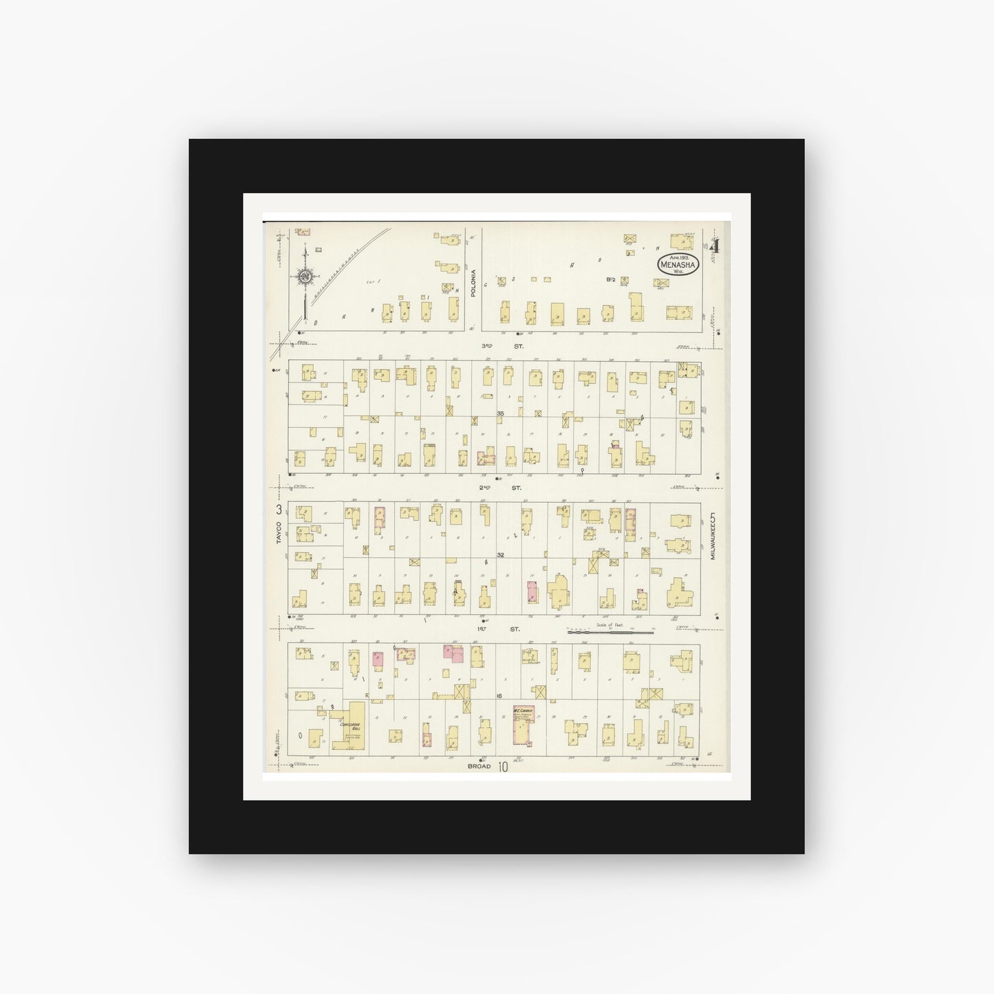 Old map wall art mockup — black gallery frame with white mat — Sanborn Fire Insurance Map from Menasha, Winnebago County, Wisconsin (1913), Sheet #0004