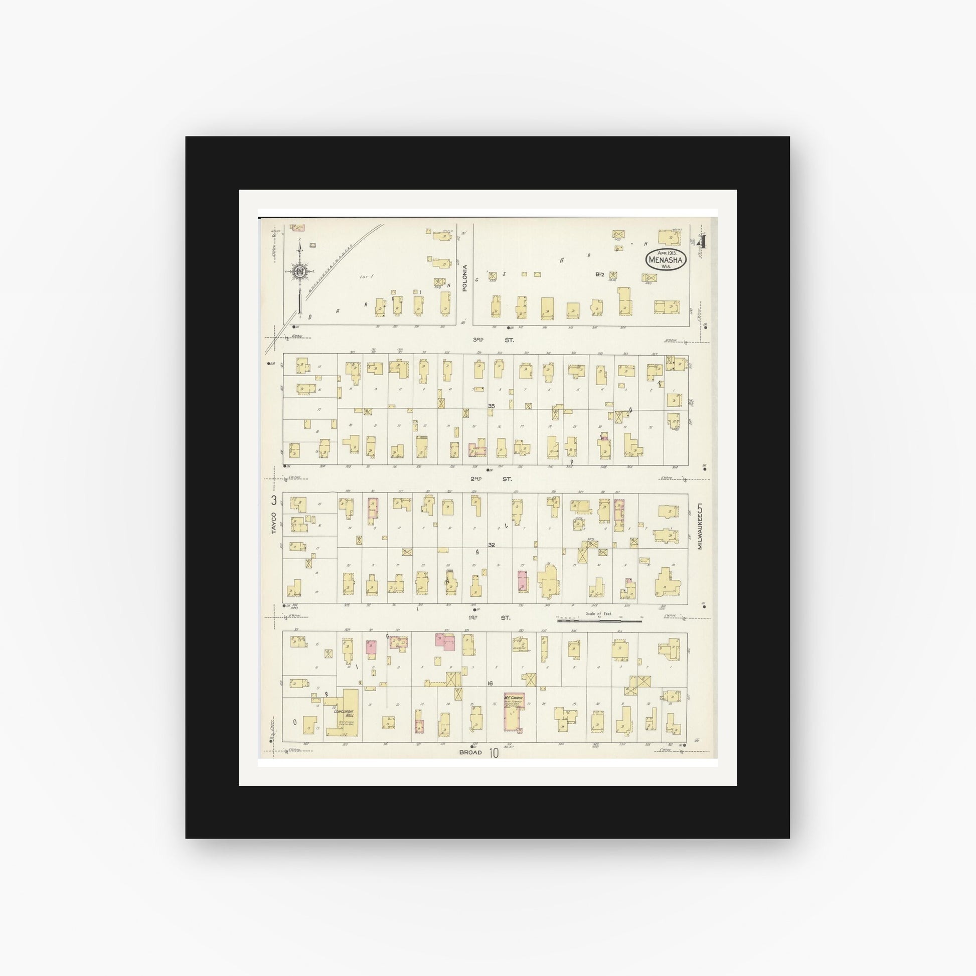 Old map wall art mockup — black gallery frame with white mat — Sanborn Fire Insurance Map from Menasha, Winnebago County, Wisconsin (1913), Sheet #0004