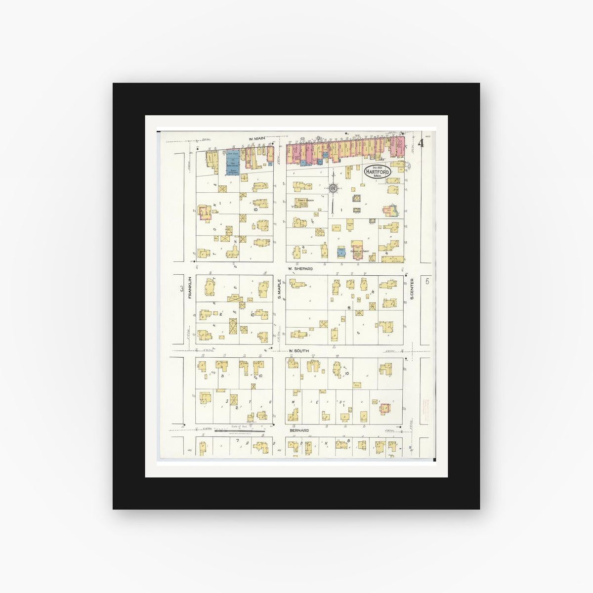 Old map wall art mockup — black gallery frame with white mat — Sanborn Fire Insurance Map from Hartford, Van Buren County, Michigan (1921), Sheet #0004