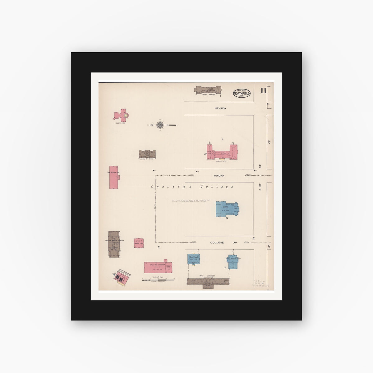 Old map wall art mockup — black gallery frame with white mat — Sanborn Fire Insurance Map from Northfield, Rice County, Minnesota (1922), Sheet #0011