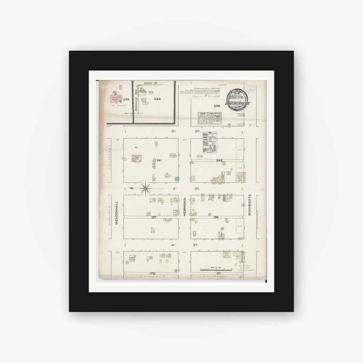 Old map wall art mockup — black gallery frame with white mat — Sanborn Fire Insurance Map from Breckenridge, Wilkin County, Minnesota (1884), Sheet #0001