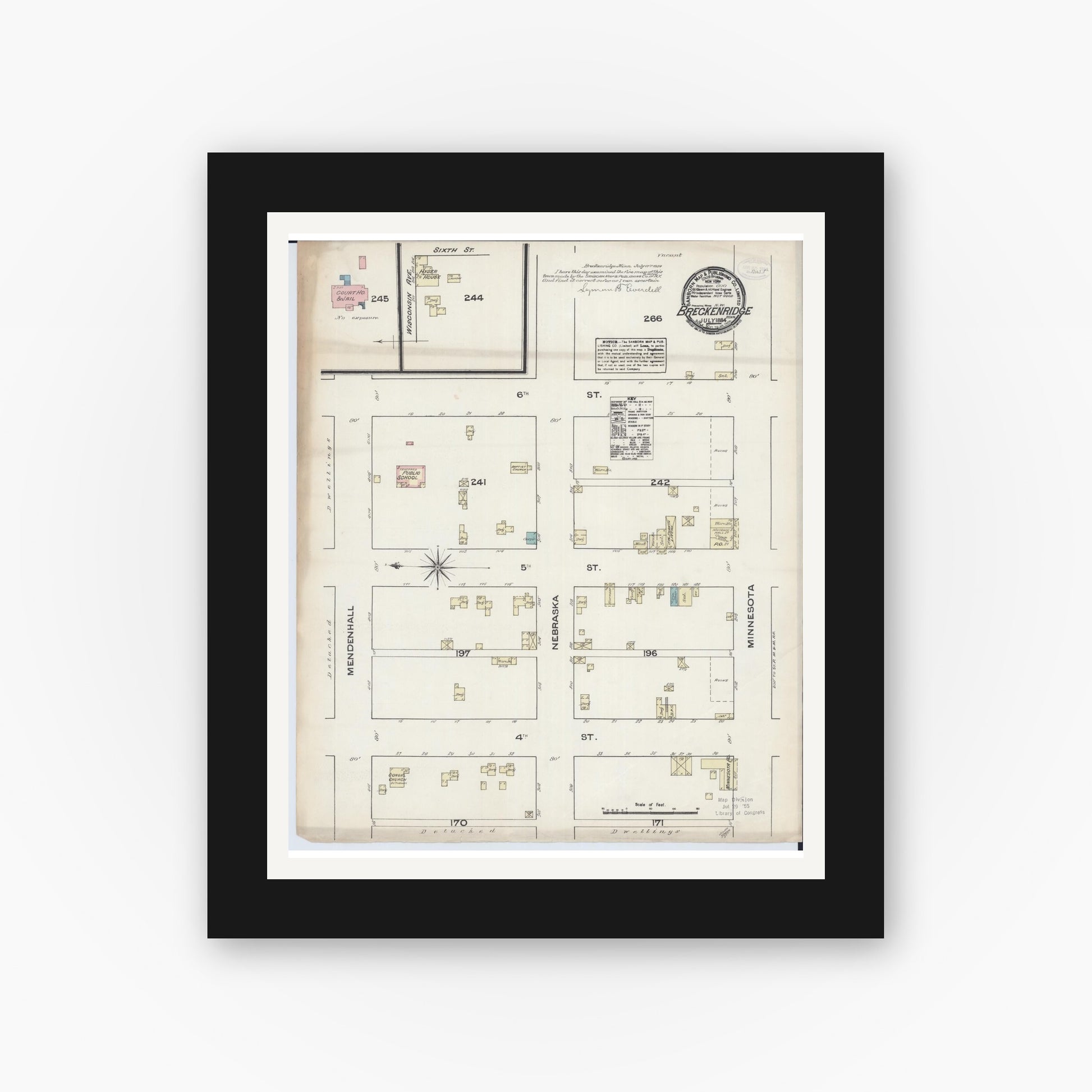 Old map wall art mockup — black gallery frame with white mat — Sanborn Fire Insurance Map from Breckenridge, Wilkin County, Minnesota (1884), Sheet #0001