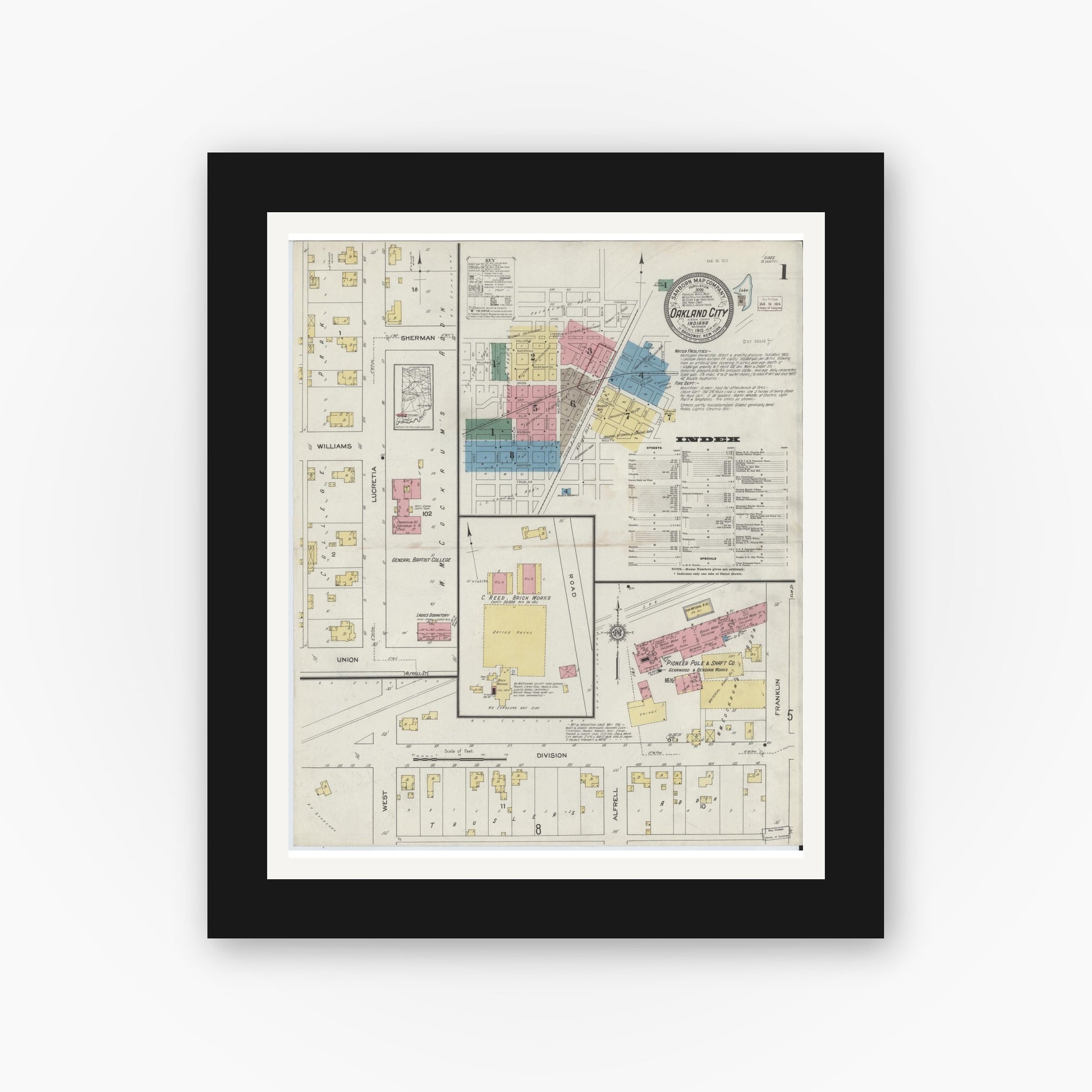 Old map wall art mockup — black gallery frame with white mat — Sanborn Fire Insurance Map from Oakland City, Gibson County, Indiana (1913) - Complete Map Set